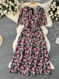 Women Floral Long Dress Elegant Square Collar Short Sleeve High Waist A-Line Casual Vestidos Female Robe New Fashion