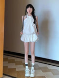 Aging Simple Temperament Suit Women's Summer Design Sense Hanging Neck Blouse Waist Fluffy Half Skirt Two