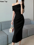 Off Shoulder Evening Party Dresses Women Summer Fashion Slim One Piece Solid Vestidos Korean Graduation Robe