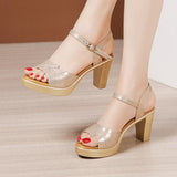 Heel Sandals Women's 2023 New Waterproof Table Thick Bottom Fish Mouth Sandals Large Size Fashionable Bright Leather High Heel