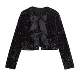 Women's 2025 Spring 2025 New V-Neck Bow Ornament Party Lien Slide Short Jacket