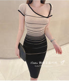 Zingj Korea Dongmen Summer Style Oblique V-Collar Shoulder Horizontal Stripe Knitted Color Dress Knitted Fabric Tight