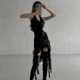 Zingj New Sexy Pure Desire Wind Deep V Hanging Neck Flounce Irregular Slim