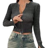 Vintage Autumn Pair Hottie Double-Opened Zipper Sexy Blouse