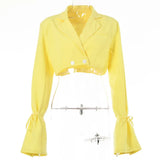 Women Blazer V Neck Long Sleeve Cropped Blazer Autumn Chic Button Lace Up Turn-down Collar
