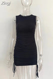 Women Winter 2023 New Y2K Street Casual Office Lady Solid Elastic Skinny Simple Shirring Crew Neck Sleeveless Chic