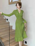 Dress 2024 Autumn/Winter New French Style Single Breasted Fish Tail Knit Dress Fashion Hollow Out Stretch Knit