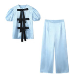 Spring Bowknot Satin Blouse Satin Casual Trousers