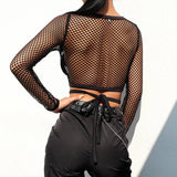 Zingj Summer Women's Wish Sexy Hollow Out Net Hole Basic Crop Umbilical Lace Long Sleeve Top T-Shirt