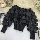 Off Shoulder womens tops and blouses Mesh Sheer Puff Sleeve Tops Summer 3D Flower Vintage White Women Shirt