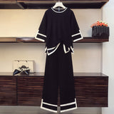Women's Knitted Two Piece Suits Color Contrast Loose Pullover Sweater Jumpers And Wide Leg Pants Plus Szie