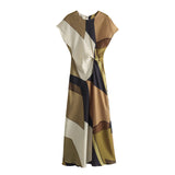 Spring Pleated Printed Silk Satin Dress