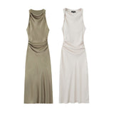 New Spring Style Silk Satin Slim Flute Dress