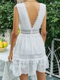 Mini Dress Women Boho Lace Dress Female Jacquard High Waist Slim Dress Ladies V Neck Sleeveless Backless Ruffles