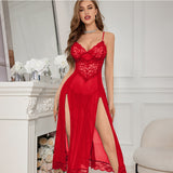 Zingj Sex Underwear Sexy Female Lace Mesh Slit Long Skirt Home Clothes Sex