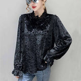 Vintage Autumn New Pleated Lace Stand Collar Blouse Women Velvet Lantern Sleeve Shirt Tops Women Cardigan Clothing