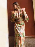 Print Lantern Sleeves Pleated Long Dresses Women Chic V-neck High Waist A-line Dresses 2024 Summer Lady Vocation