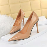 Zingj Sexy Super High Heel Retro Metal Chain Riveted Painted Leather Shallow Pointed High Heels Women's Singles