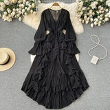 Fairy Seaside Resort Chiffon Long Dress Women's Lotus Leaf Lace V-neck Temperament Crimped Waist Slim
