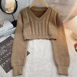 Zingj Version Of Short Pullover Sweater Female Loose V-Neck Pure Color Twist Crop Casual Long Sleeve Knit Jacket