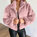 Warm Jacket Women Long Sleeve Zipper Coat Solid Stand Up Collar Outerwear Plush Female Clothes Plus Size