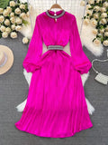 Light And Extravagant Miyake Pleated Long-Sleeved Diamond-Encrusted Vertical Collar Waist Showing Thin Bright Face A-Shaped Dress
