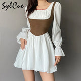 Contrast Color Slim Splicing Corset Versatile Commuter Fashion Square Neck Flared Sleeve Women's Pleated Skirt Zip