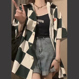 Streetwear Y2k Plaid Woman Overshirt Elegant Blouses for Women Short Sleeve Summer 2023 Womens Fashion Korean Style