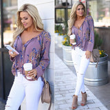 V Neck summer printed Flora lace Up chiffon blouse Ladies Long Sleeve Shirts blusas mujer de moda