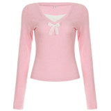 Patchwork Lace Bow Long Sleeve Knitted TeeOutfit