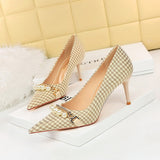 Zingj Thousand Bird Case High Heels Slender High Heels Shallow Pointed Pearl Chain Plaid Women's Single