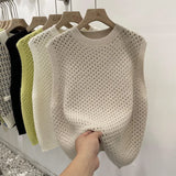 Vests Women Solid Hollow Out All-match Autumn Knitting Soft Warm O-neck Retro Fashion Loose Ulzzang Streetwear
