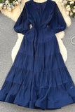 Vintage Women Pleated Long Dress Elegant V-Neck Puff Short Sleeve High Waist A-Line Ruffle Draped Big Swing Maxi Robe