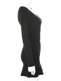 Black Knitted Ribbed Midi Dresses For Women V Neck Elegant Korean Clothes Long Sleeve Ruffles Bodycon Dresses