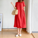 New Leisure Spring And Summer Loose Skirt Short Sleeve Round Neck Solid Cotton Linen