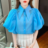 Summer New Women Shirts Diamonds Tirn Down Collar Puff Sleeve Blouse Women Tops See Through Single Breasted Blusas