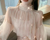 Pieces Set Shirt +Tank Spring Women Lace Bottoming Blouse Beading Mesh Shirt Female Lantern Sleeve Blouses Short Tops