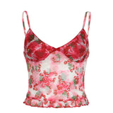 Zingj Wind Cherry Printing Lace Mesh Sling Female V Collar Slim Chest Wooden Ear