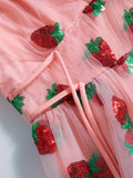 Vintage Style Sequin Strawberry Mesh Pleated Maxi