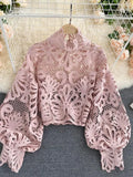 Lace Hollow Out Short Blouse Casual Lantern Long Sleeve Stand Collar Shirts Female Elegant Red/Pink/White Loose Tops