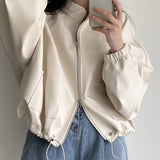 Zingj Wind Chic Autumn Niche Handsome Stand Collar Zipper Large Pocket Design Draw Rope Tie Motorcycle Leather Coat