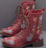 Zingj Martin Boots 2023 Autumn And Winter Flat-Soled, Thick-Heeled, Lace-Up, Short, Embroidered Women's