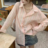 Sense Striped Polo Collar Long-Sleeved Shirt Coat Women Spring And Summer Loose Thin Sun Protection Shirt Outside The Shirt