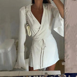 Satin V-Neck Shirt Dress Women Autumn Winter Flare Sleeve Lace Up Mini Dresses Elegant Ladies Party