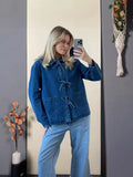 Zingj Fashion Casual Temperament Lace-Up Denim Long Pocket Standing Collar