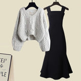 Zingj And Winter Suit Women's 2024 New French Feeling Cross Knit Sweater With Fishtail Dress Two Sets-Outfit