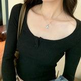 V Neckline Short Threaded Long-Sleeved T-Shirt Women's Autumn New Bottomed Shirt Design Niche