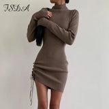 Turtleneck 2021 Knitted Dress Bodycon Women Ruched Mini Long Sleeve Brown Sexy Elegant Dresses Party