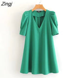 2020 women fashion v neck pleats puff sleeve solid green mini dress chic office lady vestidos casual straight dresses