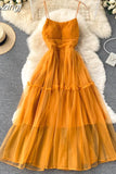 Women Sexy Mesh Spaghetti Strap Long Dress Summer Orange/Purple/Blue/Pink Ruffle A-Line Beach Robe Female Elegant Party
